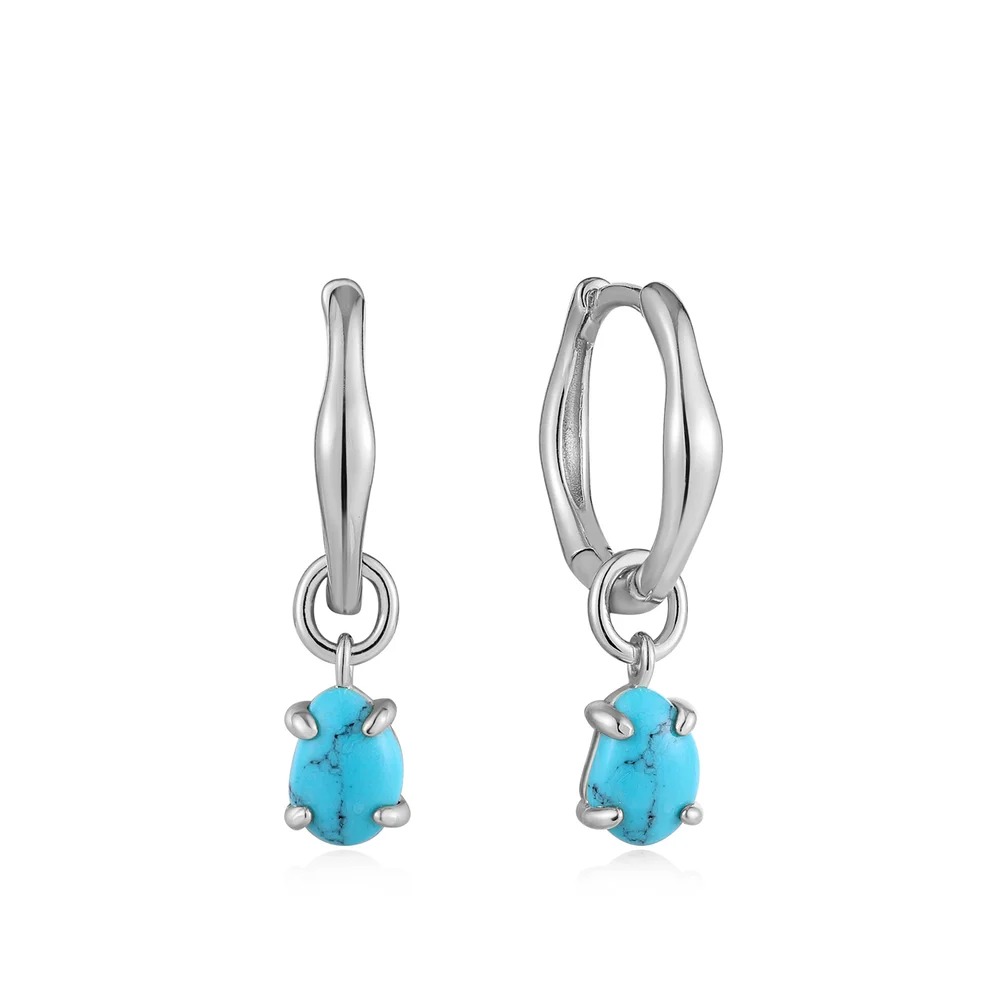 ANIA HAIE Silver Turquoise Drop Wave Huggie Hoop Earrings