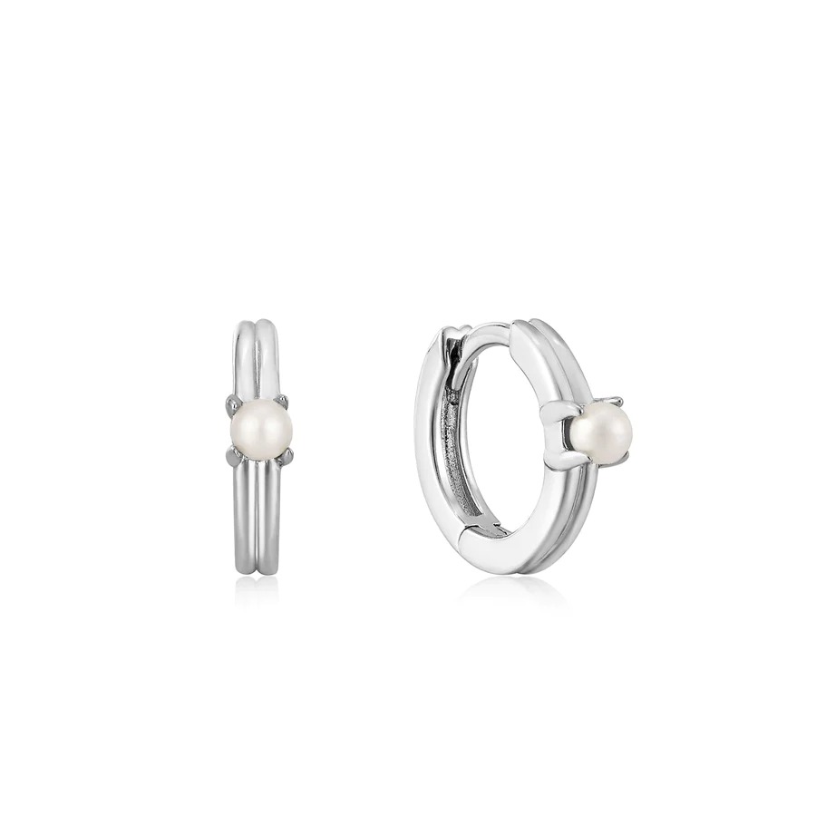 ANIA HAIE Silver Pearl Cabochon Huggie Hoop Earrings
