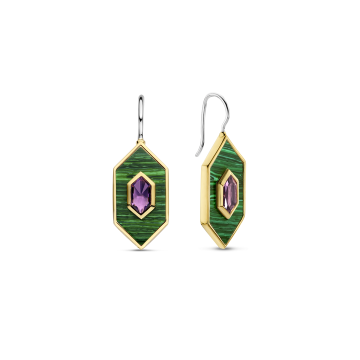 Sterling Gold-Plated Malachite and Amethyst Drop Earrings l TI SENTO Earrings 7941MA