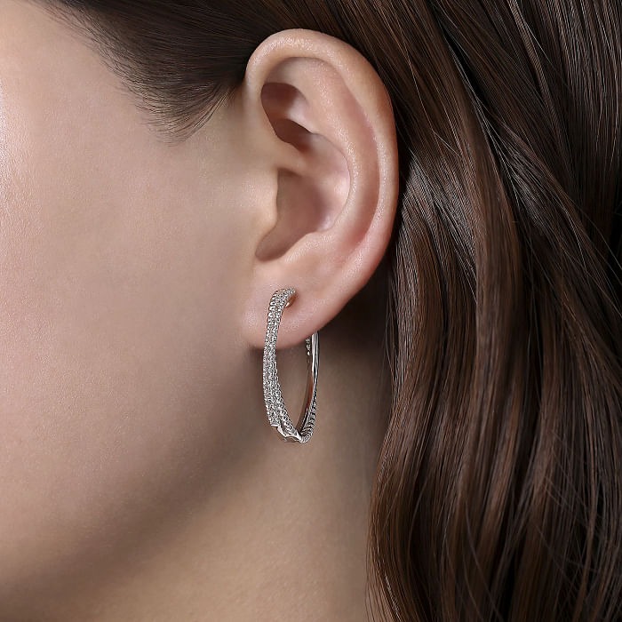 Sterling Silver White Sapphire Twisted 30mm Classic Hoop Earrings