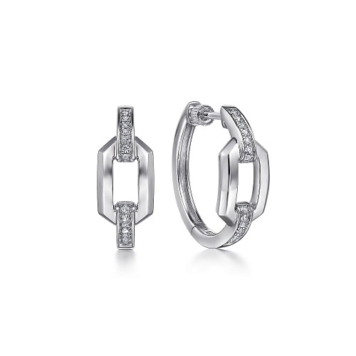 Sterling Silver White Sapphire Link Chain Hoop Earrings