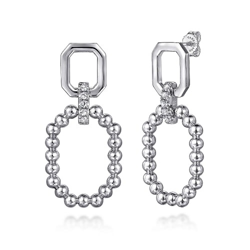 Sterling Silver Octagon White Sapphire Square Link Stud Drop Earrings
