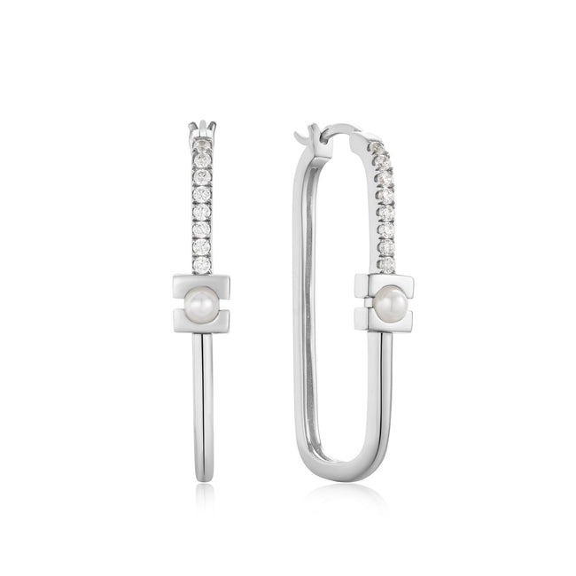 Silver Pearl Modernist Oval Hoop Earrings