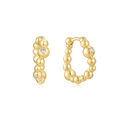 ANIA HAIE Sterling Silver, Gold-plate Bezel Zirconia Beaded Curved Huggie Hoop Earrings