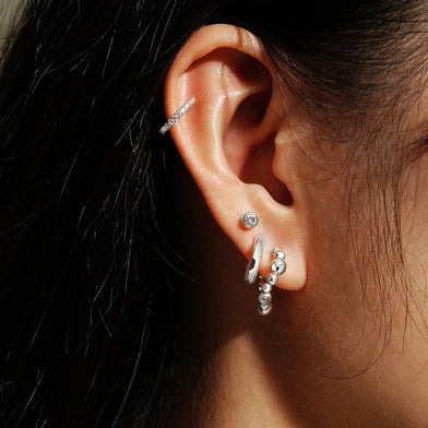 ANIA HAIE Sterling Silver Bezel Zirconia Beaded Curved Huggie Hoop Earrings