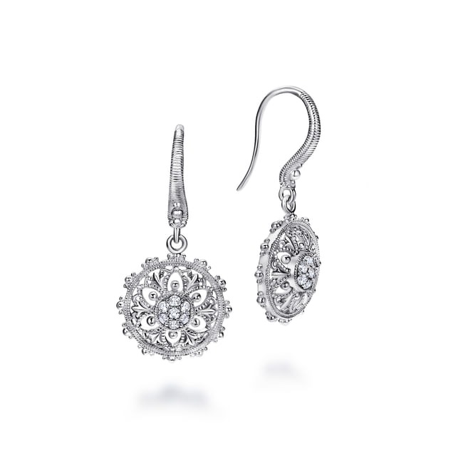 Sterling Silver White Sapphire Vintage Inspired Floral Drop Earrings