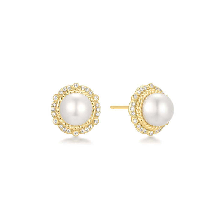 ANIA HAIE Sterling Silver, Gold-plate with Zirconia and Shell Pearl Bloom Stud Earrings