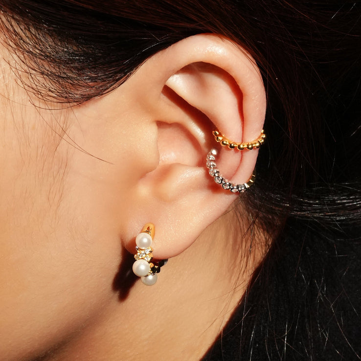 ANIA HAIE Sterling Silver, Gold-plate Sparkling Braided Shell Pearl and Zirconia Huggie Hoop Earrings
