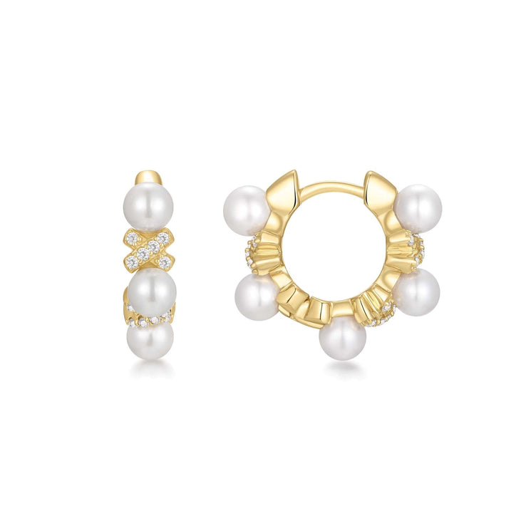 ANIA HAIE Sterling Silver, Gold-plate Sparkling Braided Shell Pearl and Zirconia Huggie Hoop Earrings