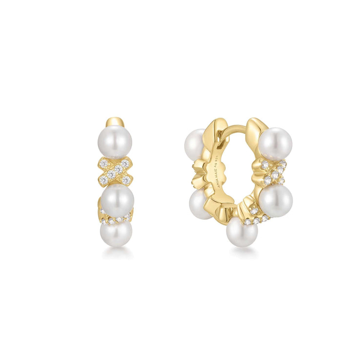 ANIA HAIE Sterling Silver, Gold-plate Sparkling Braided Shell Pearl and Zirconia Huggie Hoop Earrings
