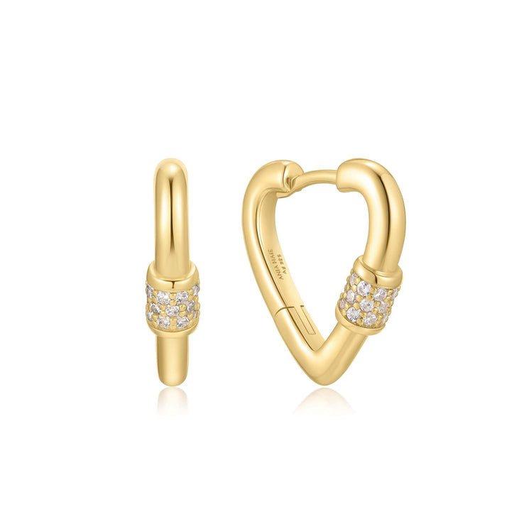 ANIA HAIE Sterling Silver, Gold-plate Zirconia Heart Clasp Huggie Hoop Earrings