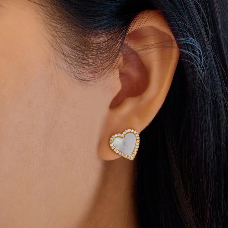 ANIA HAIE Sterling Silver, Gold-plate Mother of Pearl and Zirconia Heart Stud Earrings