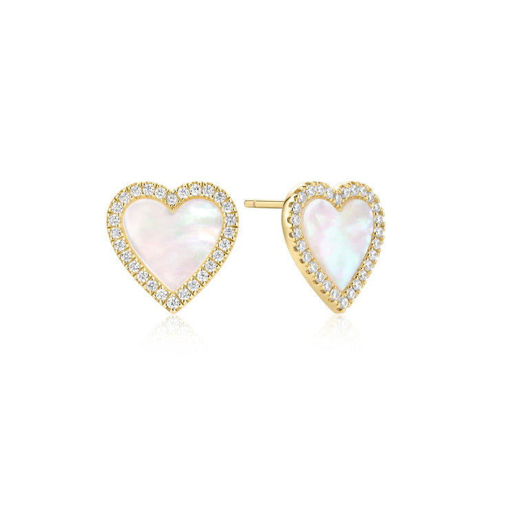 ANIA HAIE Sterling Silver, Gold-plate Mother of Pearl and Zirconia Heart Stud Earrings