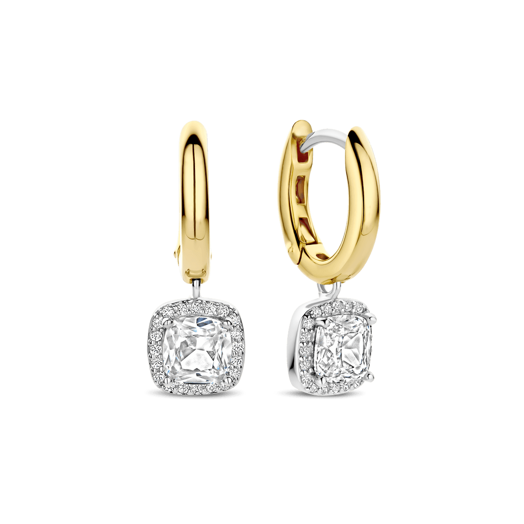 TI SENTO Sterling Silver, Gold-Plate with Zirconia Halo Drop Earrings