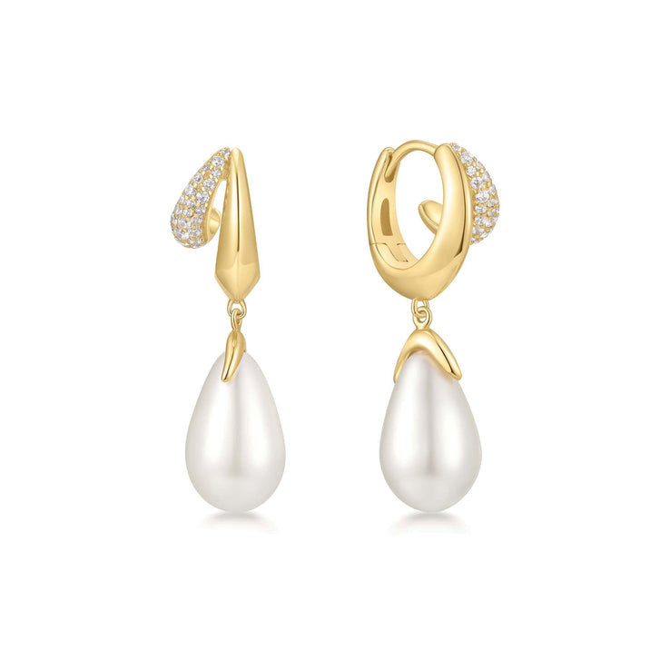 ANIA HAIE Sterling Silver, Gold-plate Sparkling Duet Mixed Shell Pearl Drop Huggie Hoop Earrings