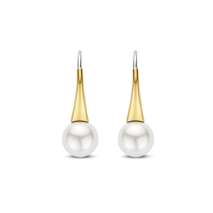 TI SENTO 18k Gold Vermeil and Sterling Silver Shell Pearl Drop Hoop Earrings