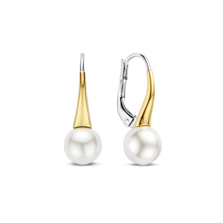 TI SENTO 18k Gold Vermeil and Sterling Silver Shell Pearl Drop Hoop Earrings
