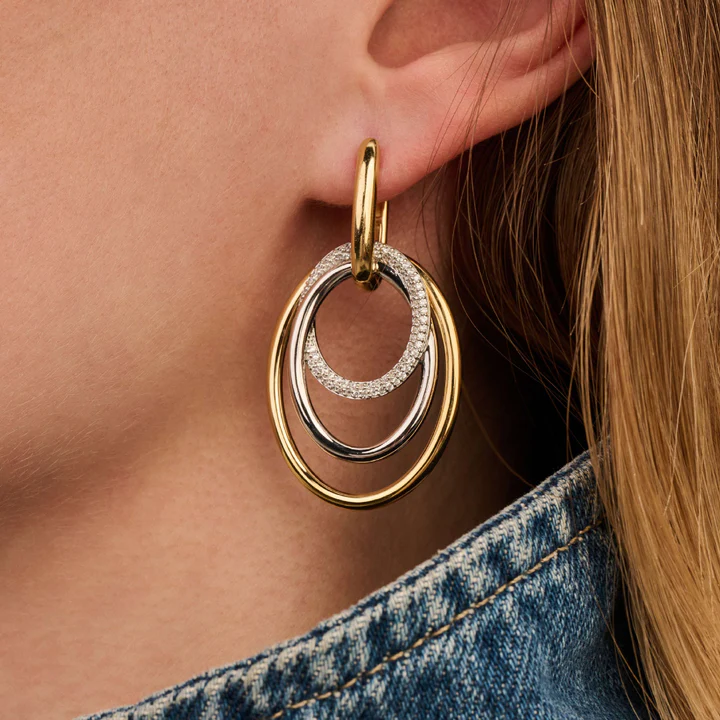 TI SENTO 18k Gold Vermeil and Sterling Silver Zirconia Layered Circle Drop Hoop Earrings