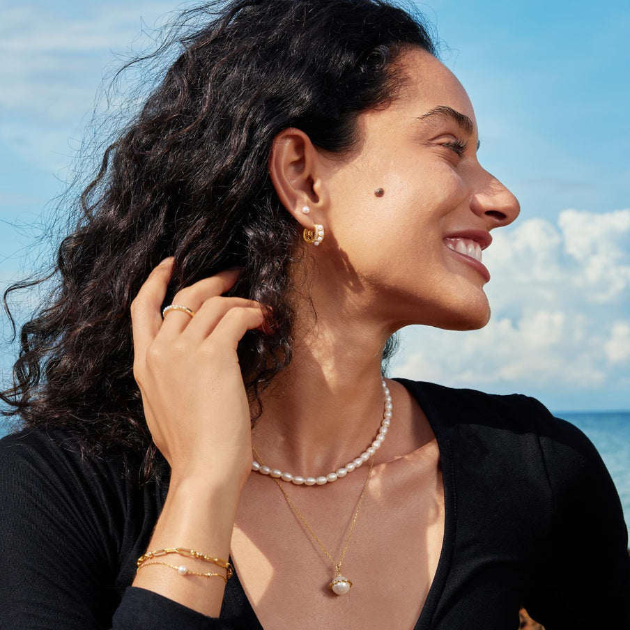 ANIA HAIE Silver, Gold-plate Sparkling Zirconia and Shell Pearl Row Huggie Hoop Earrings