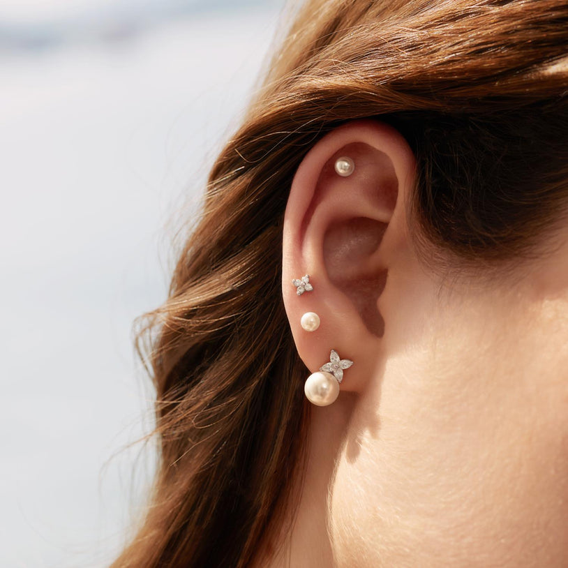 ANIA HAIE Silver Shell Pearl Lucky Clover Stud Earrings