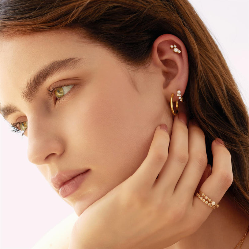 ANIA HAIE Sterling Silver, Gold-plate Zirconia and Shell Pearl Cluster Huggie Hoop Earrings