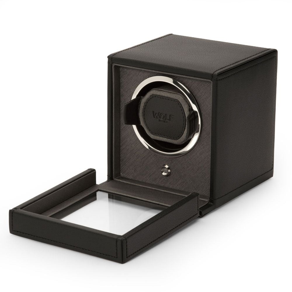 WOLF Black Cub Single Watch Winder with Cover