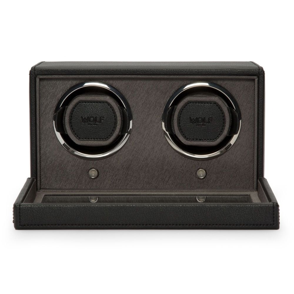 WOLF Black Cub Double Watch Winder with Cover