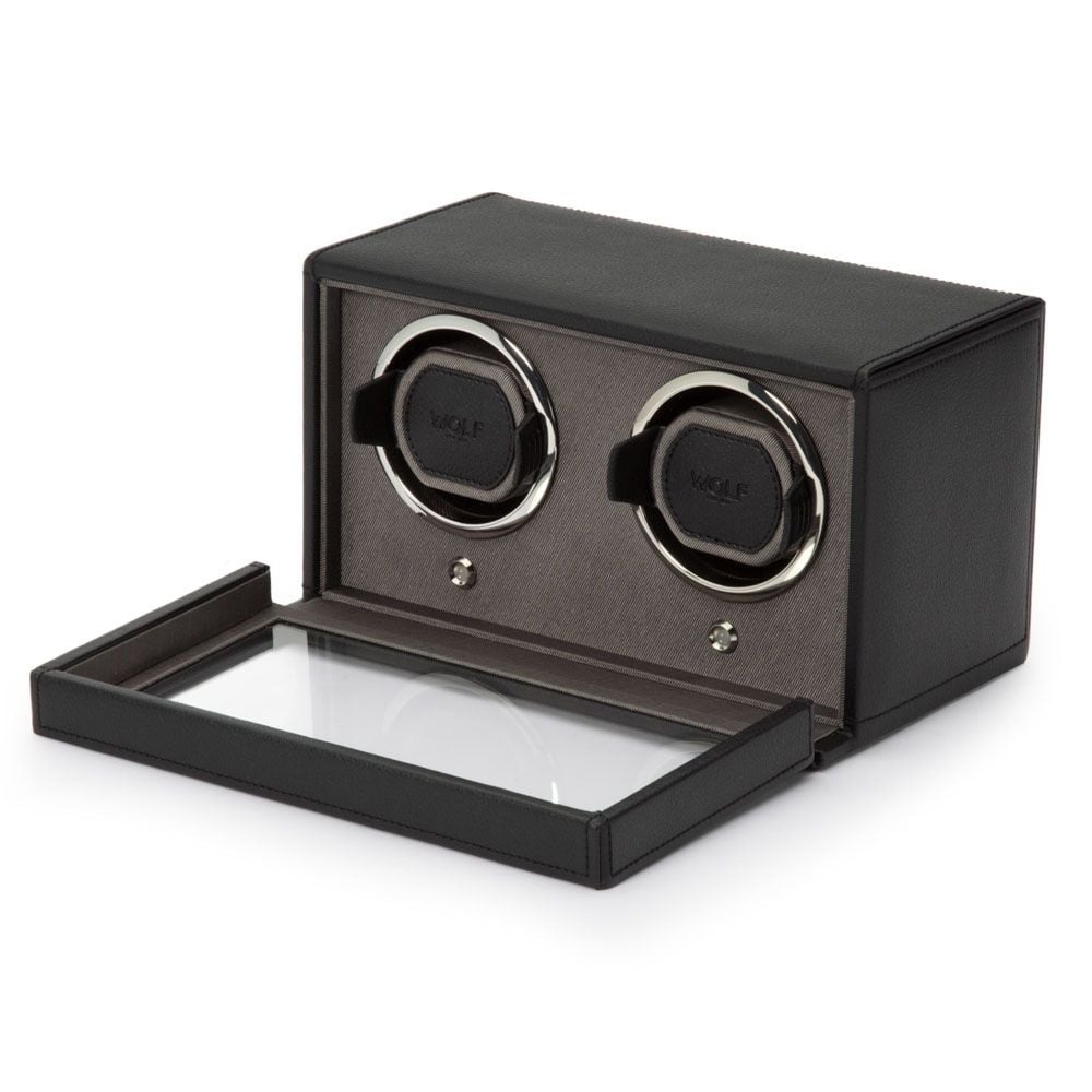 WOLF Black Cub Double Watch Winder with Cover